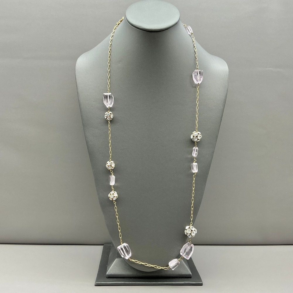 J.Crew Necklace‎ Pink Faceted Crystal Rhinestone Station Gold Tone 32"